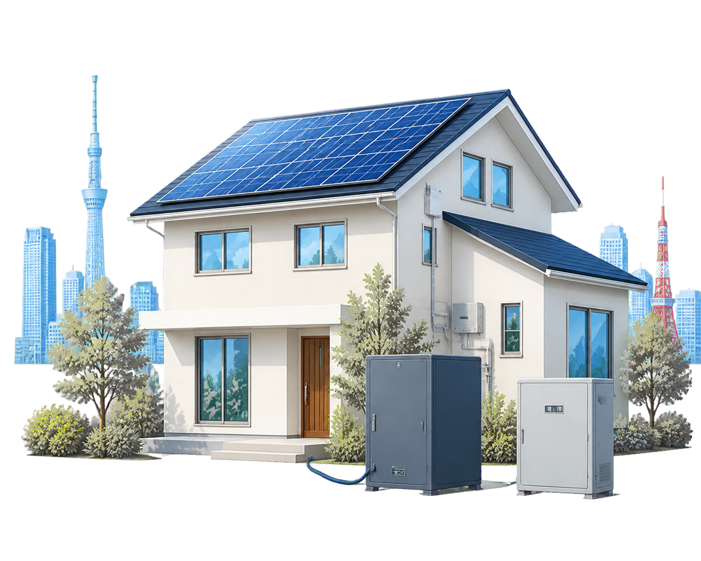 東京都の戸建てと太陽光パネル・蓄電池のイメージ