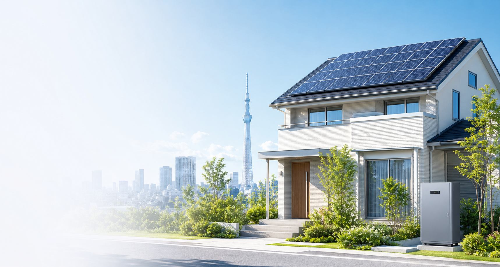太陽光パネル付きの東京都の戸建てと家庭用蓄電池のイメージ